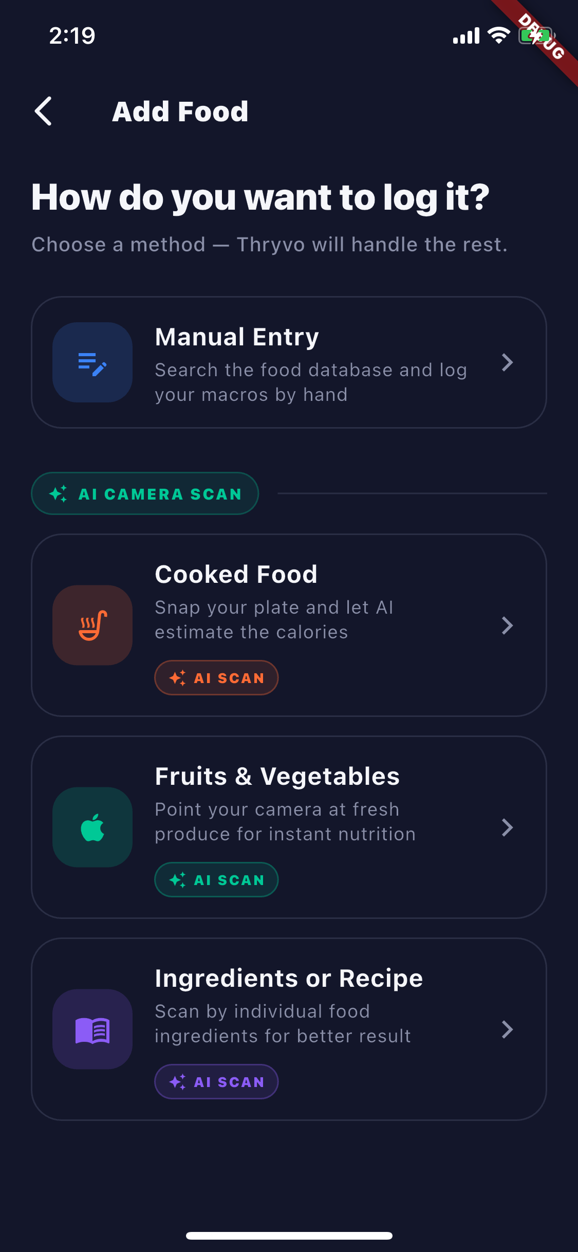 Thryvo Cal food diary screenshot