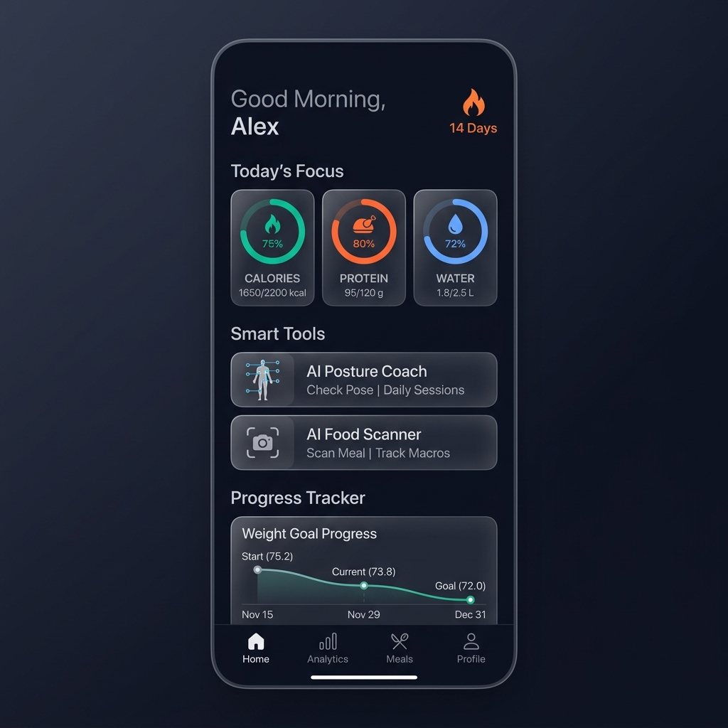 Thryvo dashboard: calories, protein, water, streak, weekly activity and macro distribution