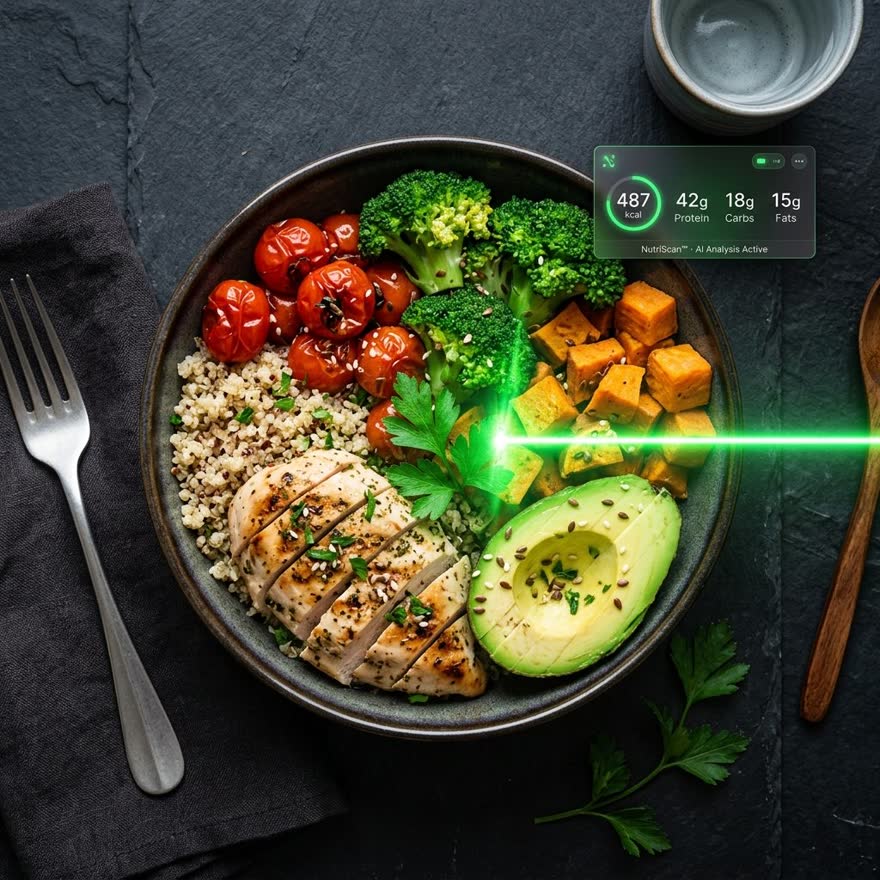 Thryvo Cal scanning a meal: 520 calories, 42g protein, 56g carbs, 14g fat detected from a photo